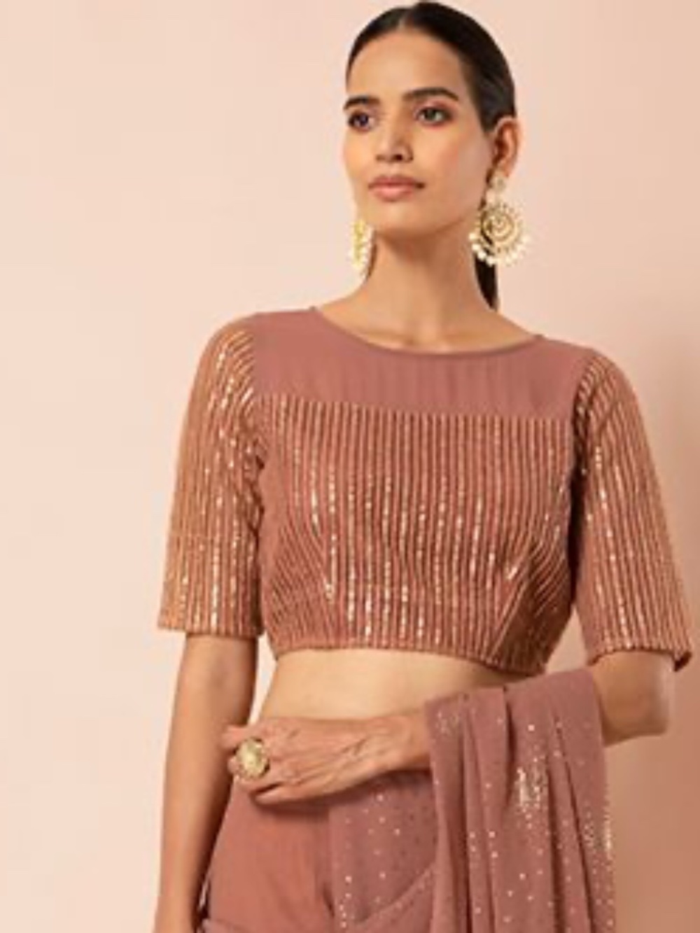 Rose Pink Sequin Striped Mesh Crop Top